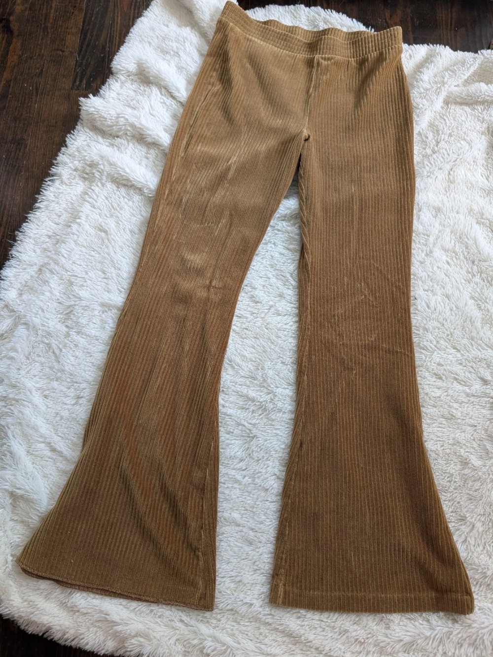 aerie Brownish Velvet Ribbed Flare Pull On Elastic Wide Leg Pants Size Large